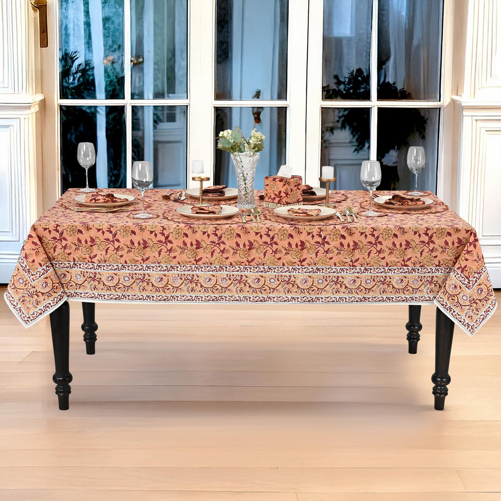 Apricot Rosette Vine Block Print Rectangle Tablecloth 52x70 Inch