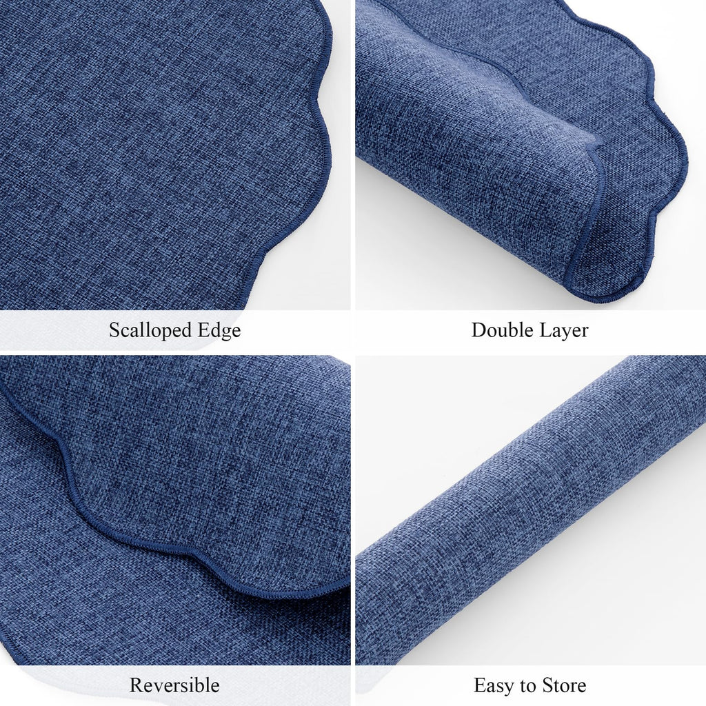 Navy Blue Round Scalloped Placemats Set of 4 Polyester Linen Blend