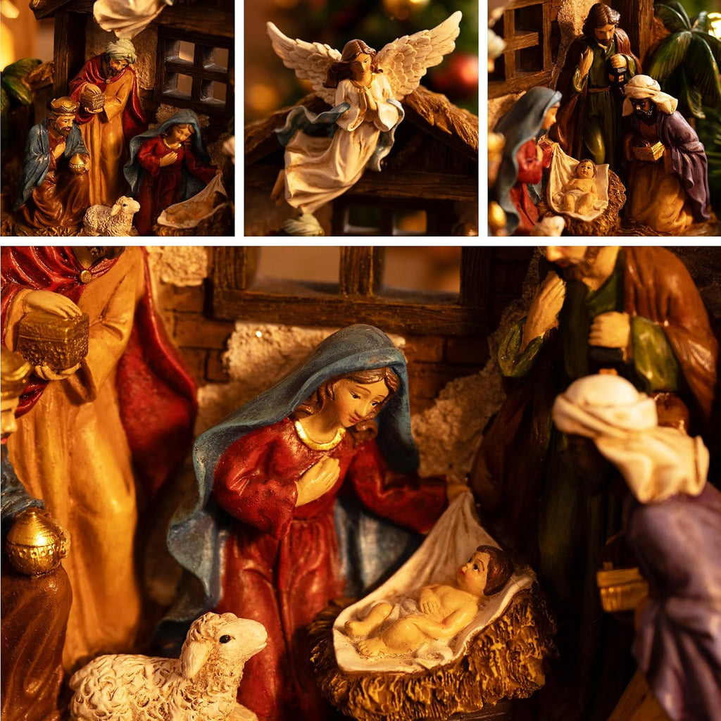 12.4" Christmas Nativity Set with LED Light, Red Gold