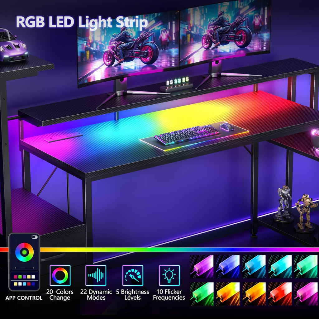 63 Inch Gaming Desk with Bluetooth LED Lights & Power Outlets,Computer Desk with Fabric Drawers & Hooks,Reversible