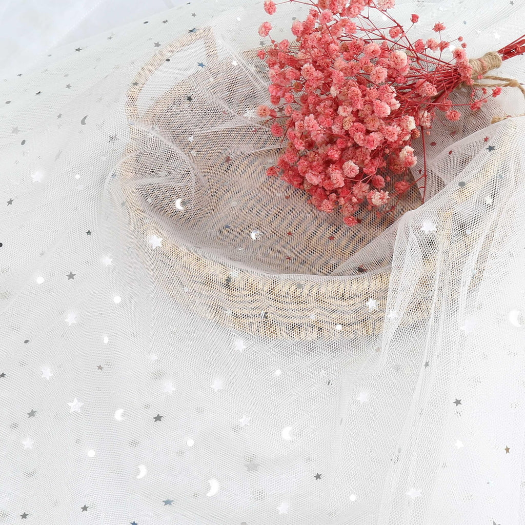 1 Yard Glitter Tulle, Star Moon Sequin, 54" Wide White