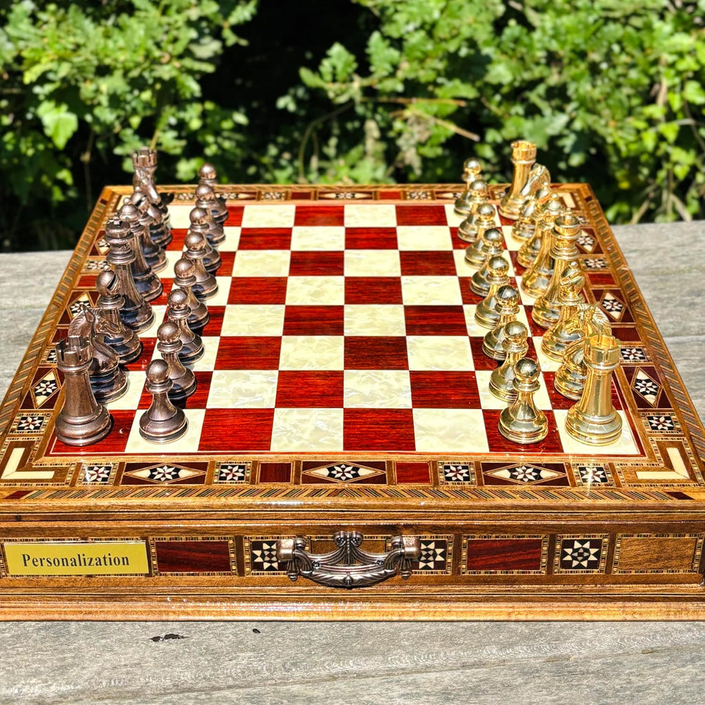 Handmade Luxury Chess Set - Metal Chess Pieces with Wooden Storage Board - Premium Classic Chess Game for Adults - Set of 34