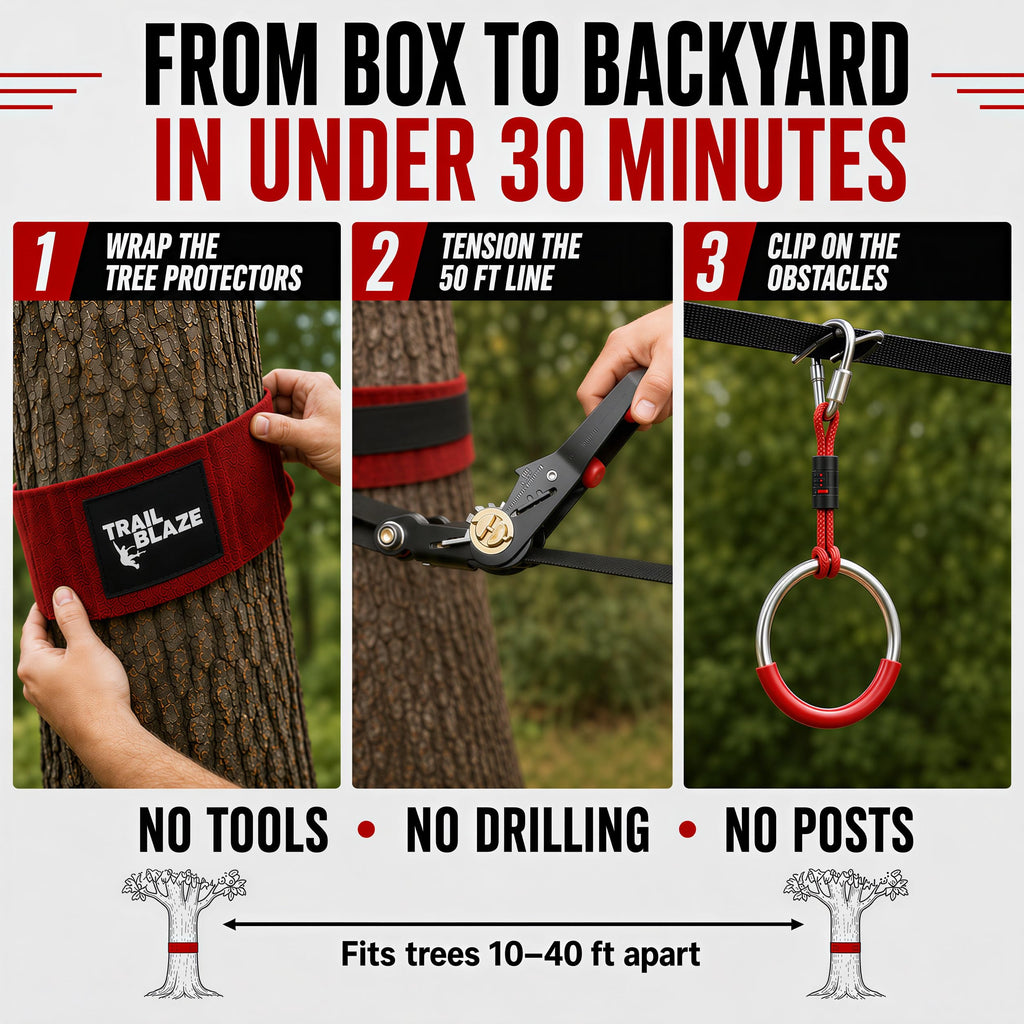 Warrior Obstacle Course Kids Outside - 50ft Backyard Slackline