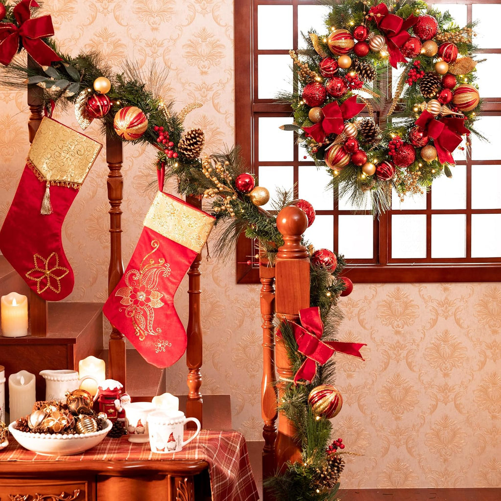 30'' Pre-Lit Christmas Wreath for Front Door with Light, Large Lighted Outdoor Christmas Wreath with Red Gold Xmas