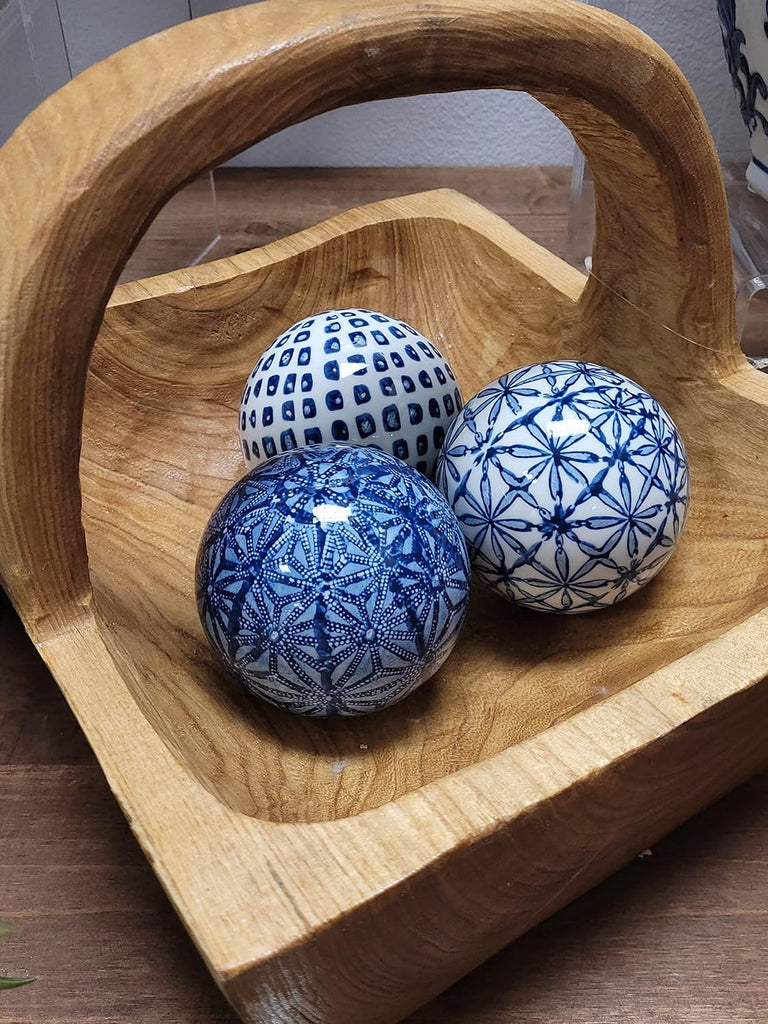 4" Diameter Blue & White Floral Chinoiserie Ceramic Ball () Style 2 | Decorative Ball Vase Bowl Filler - Set of 3