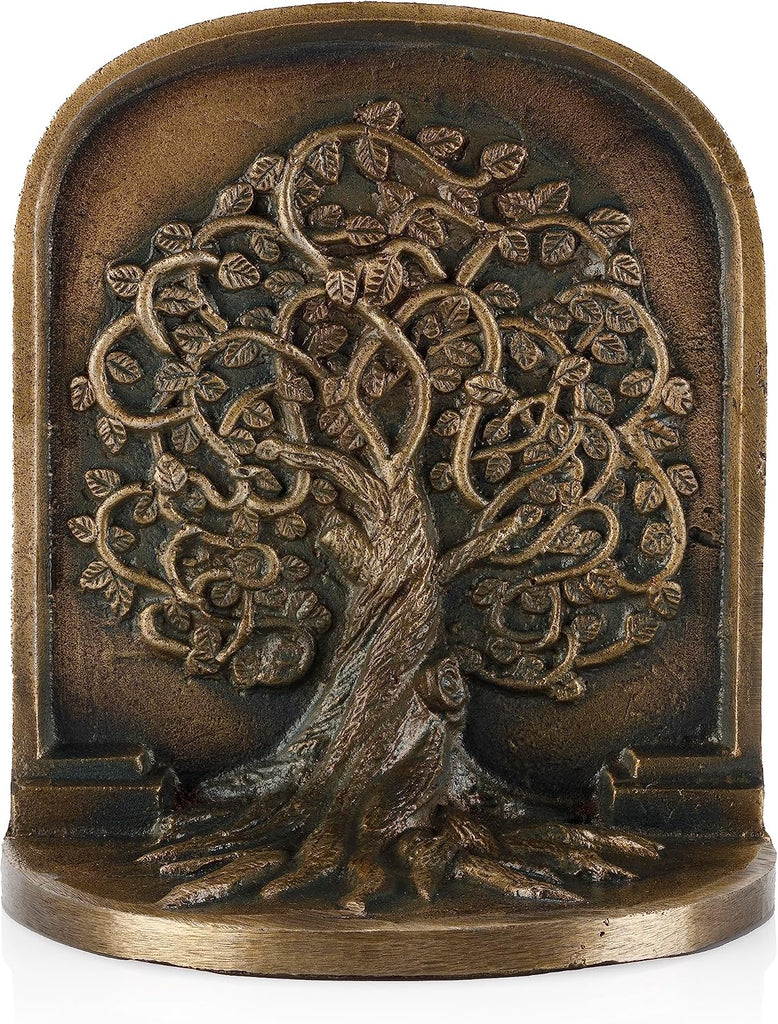 Tree of Life Bookends, Antique Brass, 2 Decorative Bookends for Shelves or Bookcase, Cast Iron, Non-Skid Heavy