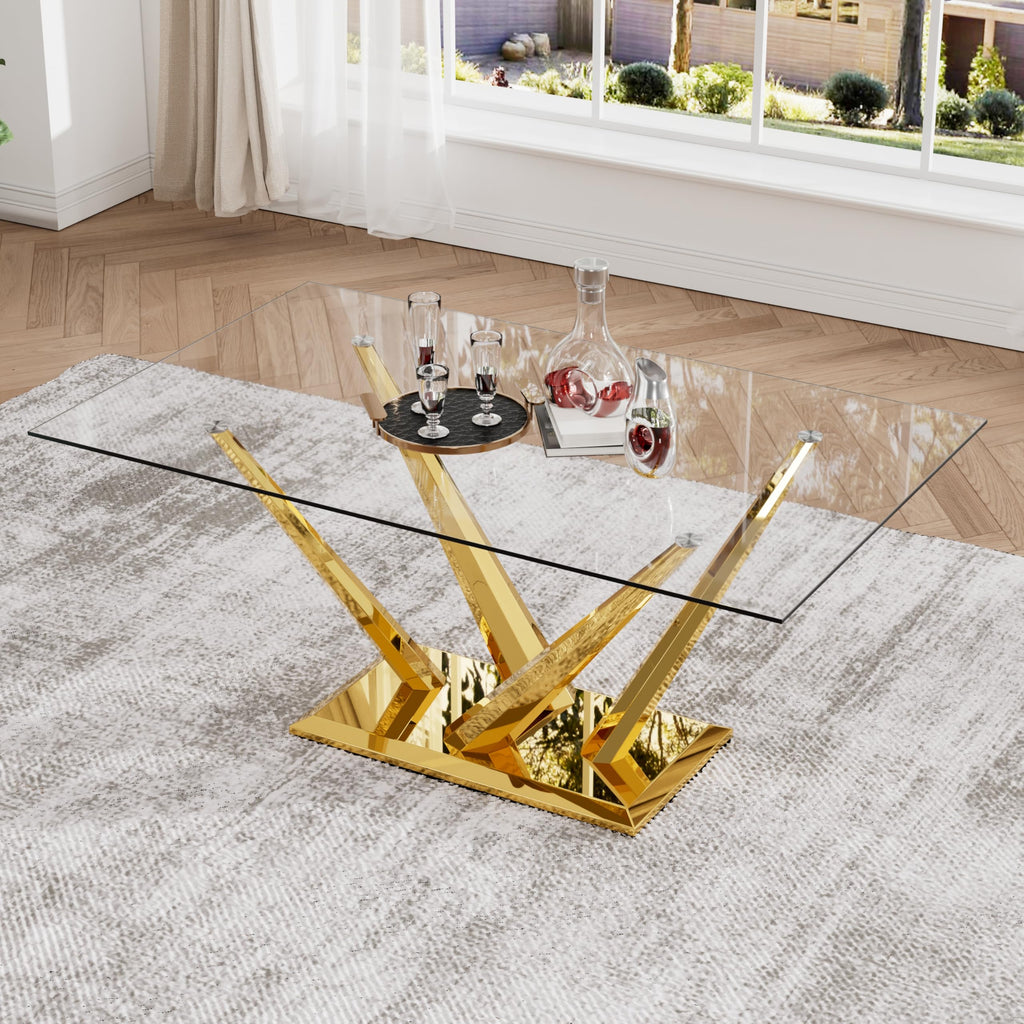 63'' Rectangular Glass Dining Table for 4-6, Luxury Kitchen Table with Tempered Glass and Aesthetic Gold Stainless