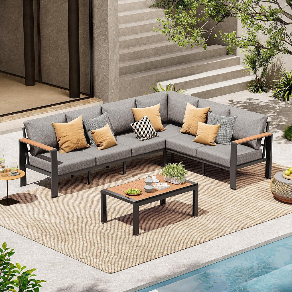 Aluminum Outdoor Patio Furniture Set 6 Seats, Outdoor Sectional Corner Sofa with Thick Waterproof Cushions & Coffee