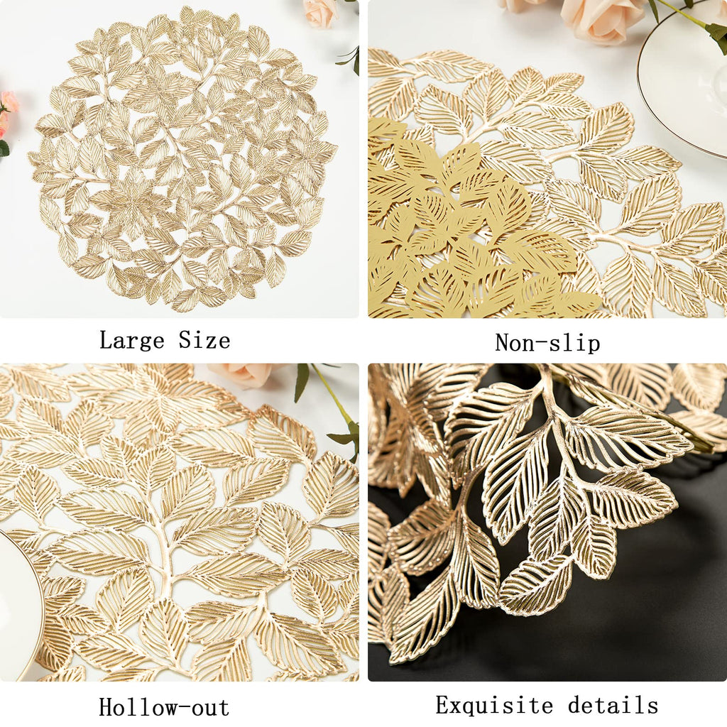 Gold Leaf Placemats Set of 8 Metallic Round Table Placemats