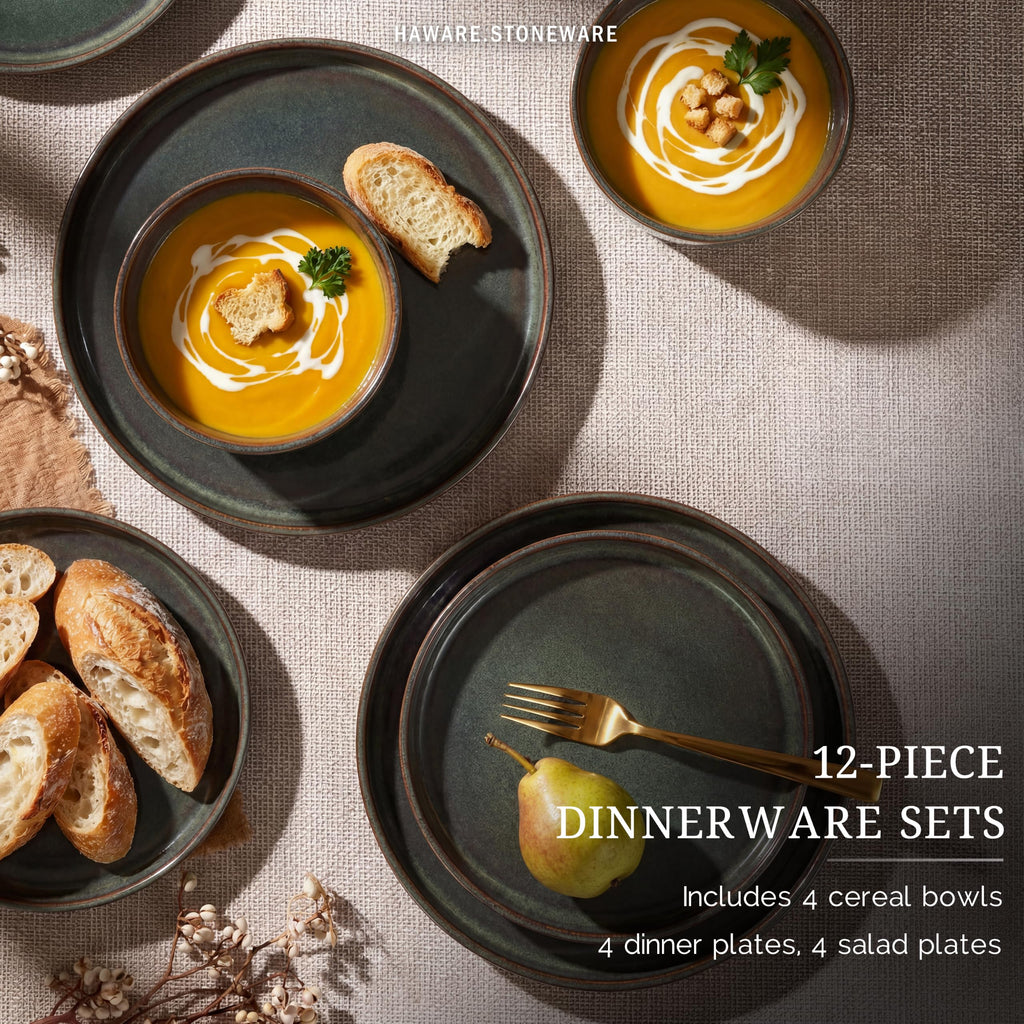 Dinnerware Sets, Plates and Bowls Set for 4, Reactive Pine Green