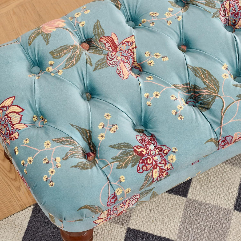 47" Tufted Floral Upholstered Entry Bench, Backless Padded Ottoman Benches with Turned Solid Wood Legs, Modern Indoor