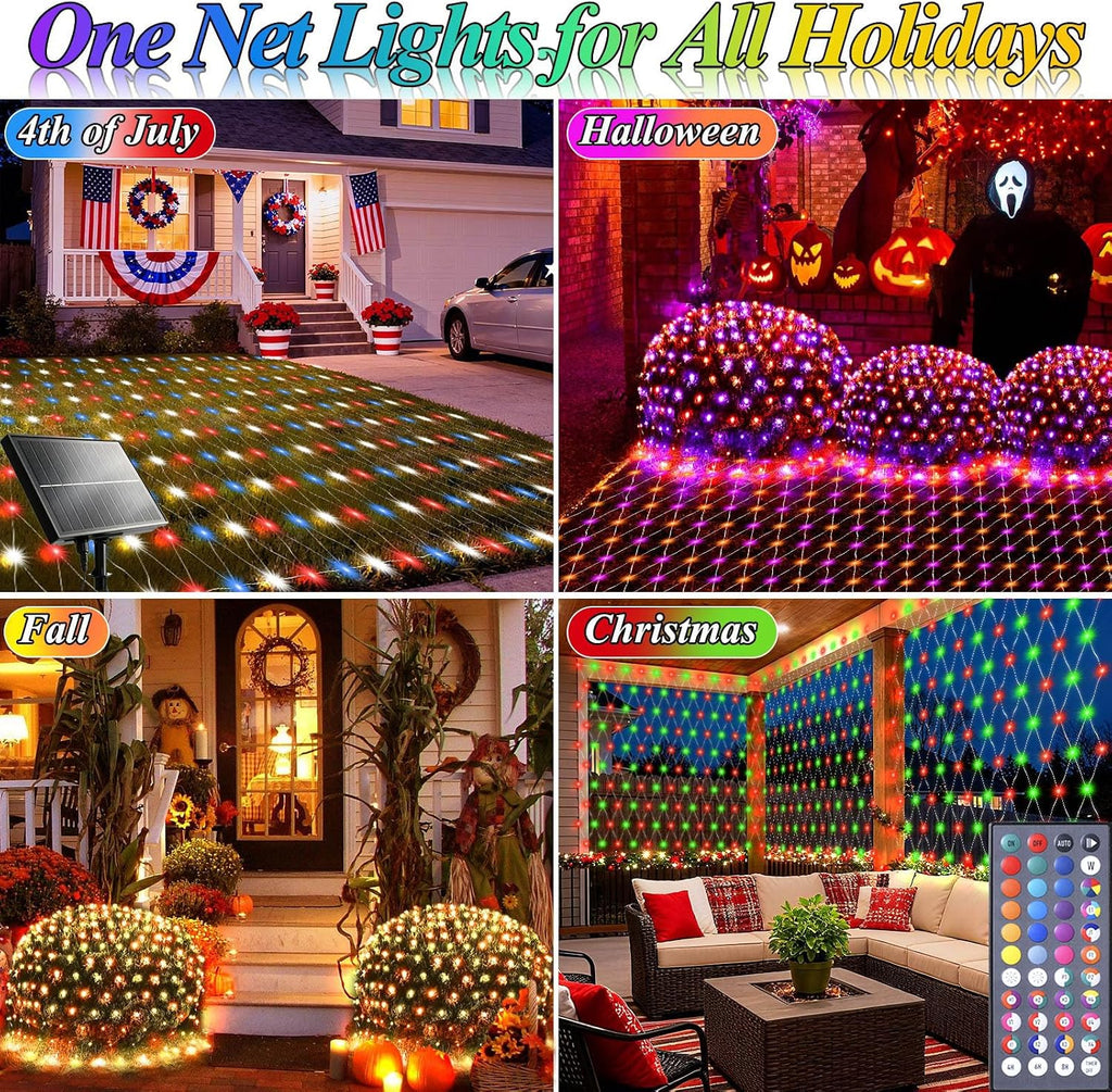 6.5ft x 6.5ft Solar Net Lights, 120LED 34 Colors Changing Christmas Net Lights Solar & USB Powered, Waterproof Mesh