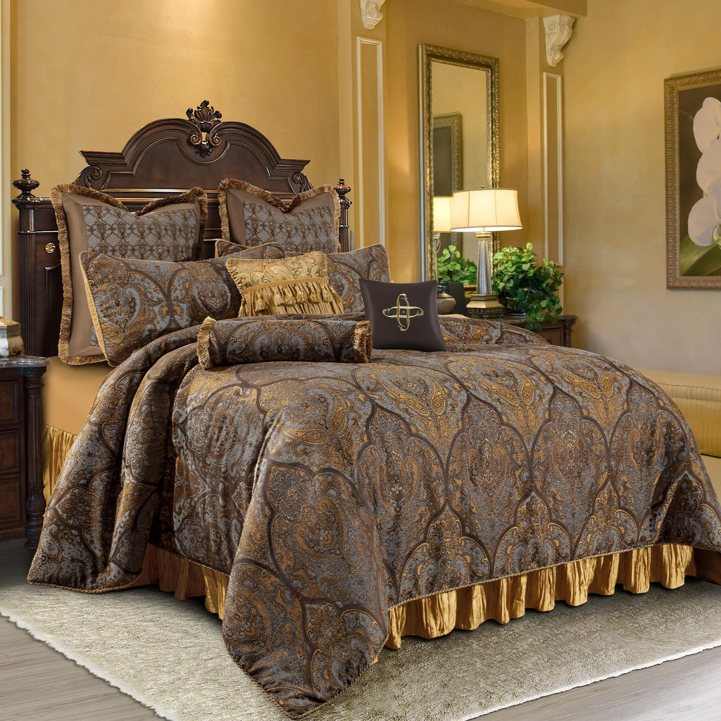 Luxury Jacquard Comforter Set 9-Piece, Bronze Gold, Queen