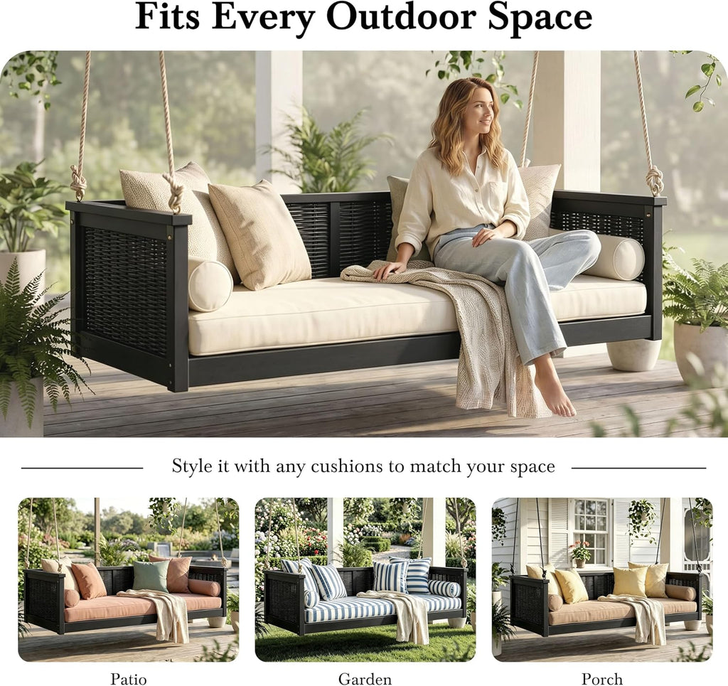 79.5" Acacia Solid Wood Porch Swing Bed Twin Size Rattan Hanging Daybed with Hemp Ropes, Garden Classic Patio
