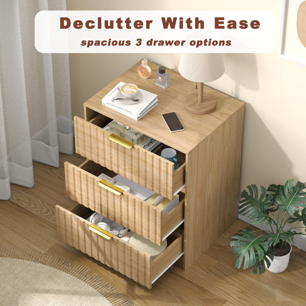 3 Drawer Dresser, Fluted Nightstand with Storage, Natural Wood