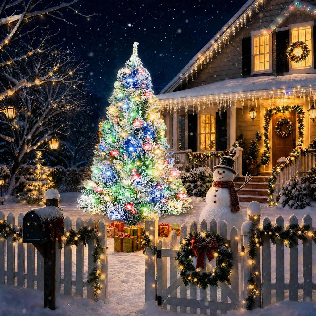 White Pre-Lit Snow Flocked Christmas Tree, Multi-Color Light