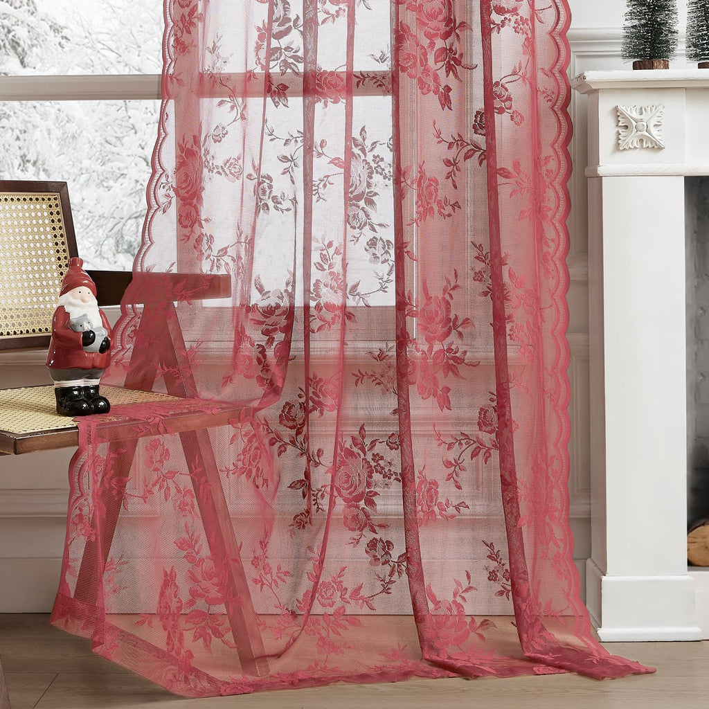 Coral Lace Curtains 108 Inches Long 2 Panels Rod Pocket Large Floral Embroidery Light Filtering Privacy Vintage