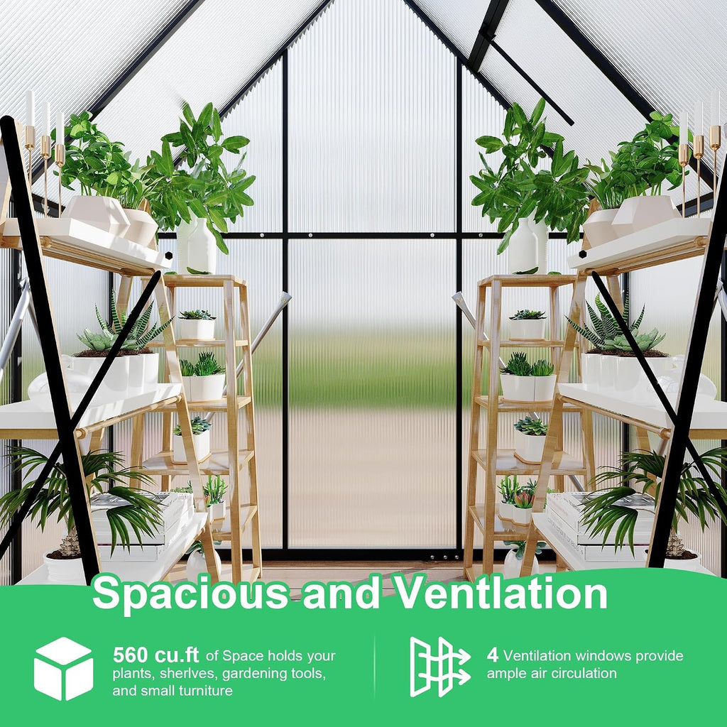 6X7 ft Aluminum Polycarbonate Greenhouse, Heavy Duty Greenhouses for Outdoors with Roof Vent, Lockable Door, Large
