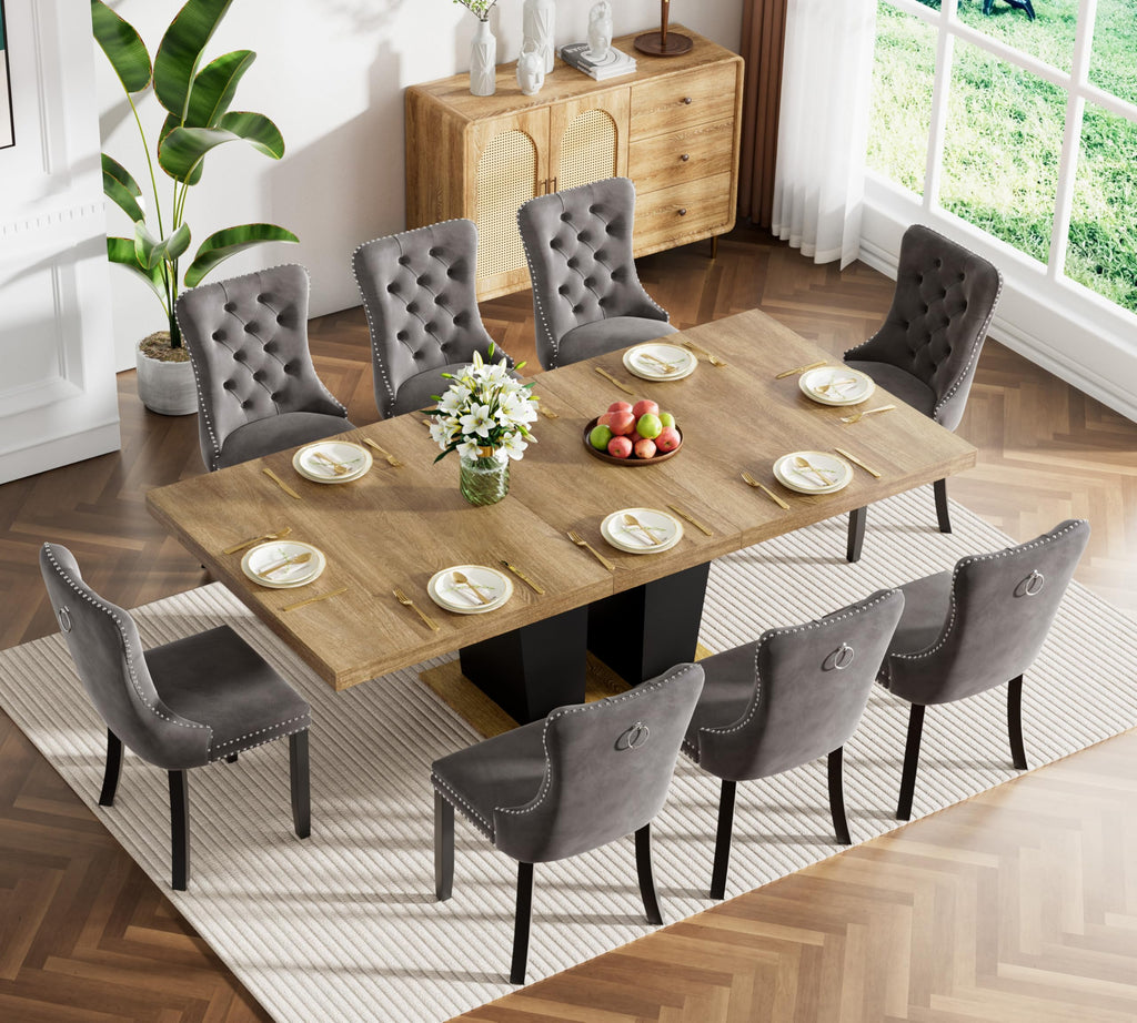 62.99" -78.74" Extendable Dining Table Set of 8, Brown Dining Room Table & 8 Gray Velvet Dining Chairs with Wood Leg