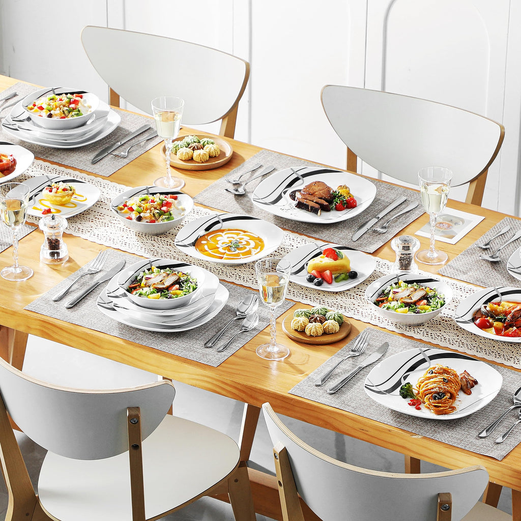 Ceramic Dinnerware Sets for 6, White and Black Dishes Set, FIONA