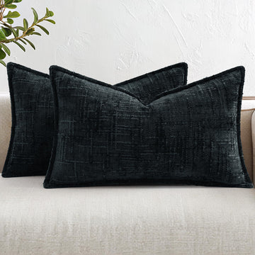 Chenille Decorative Throw Pillow Covers 12x20 Set of 2, Black