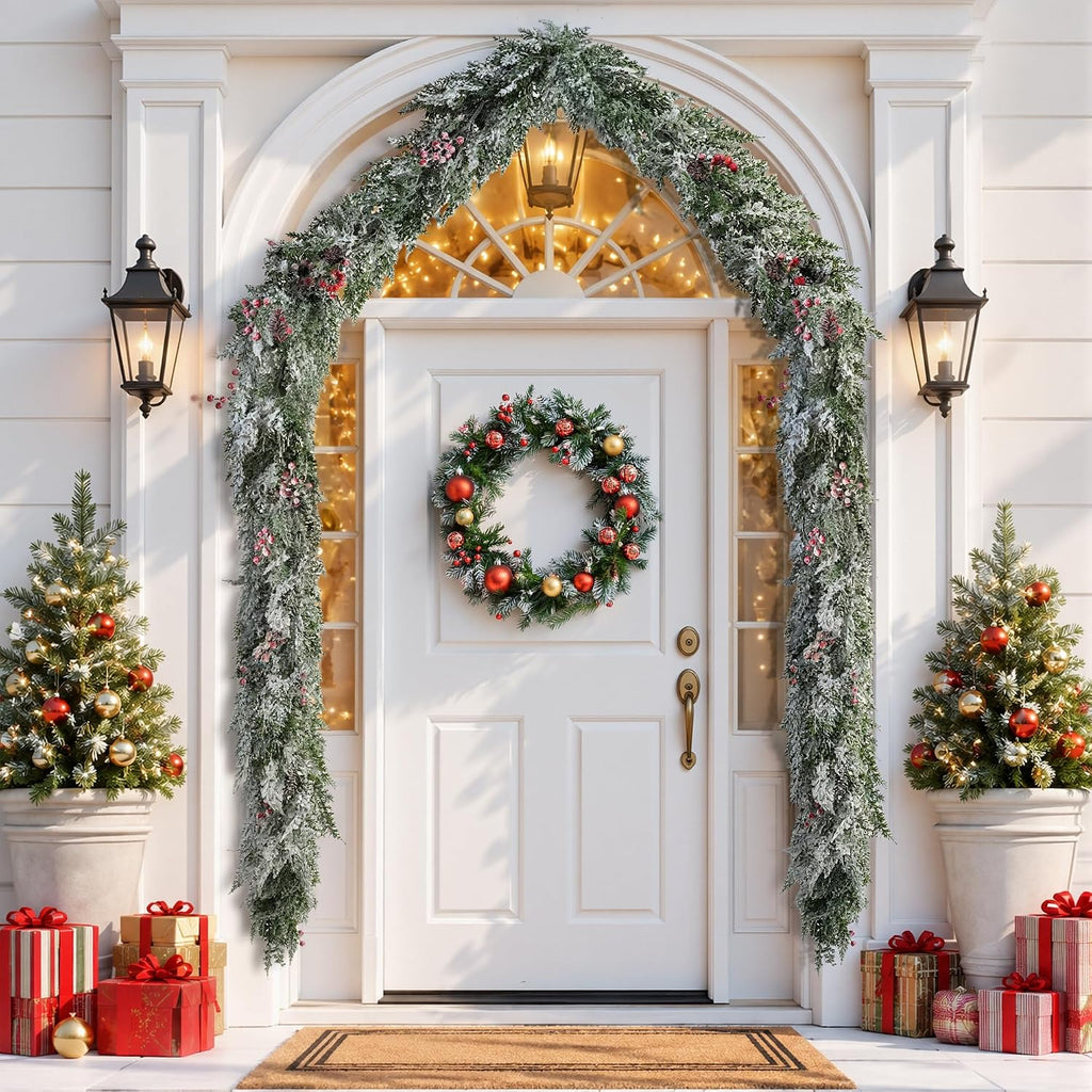 9FT Christmas Cedar Garland Flocked with Artificial Pine Cones Red Berries, Real Touch Faux Greenery Winter Frosted