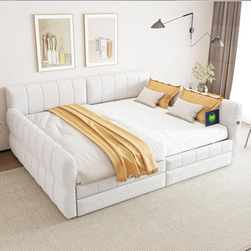 Queen Daybed Frame with 2 Drawers, Lambswool Upholstered Day Bed with USB Ports, Wood Slat Support, No Box Spring