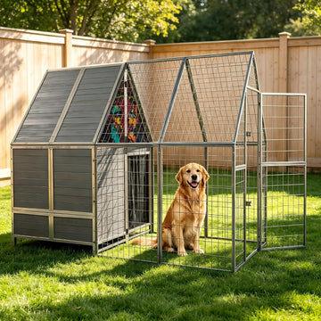 87" Heavy Duty Metal Dog Run Enclosure, with Waterproof Roof Wooden Dog House