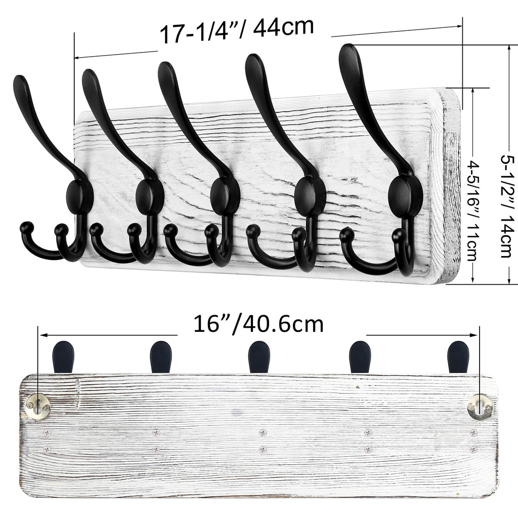 Rustic Wall Mounted Coat Rack: 16" Stud Spacing, Pine Real Wood Plank Wall Coat Rack with 5 Triple Hooks, Farmhouse