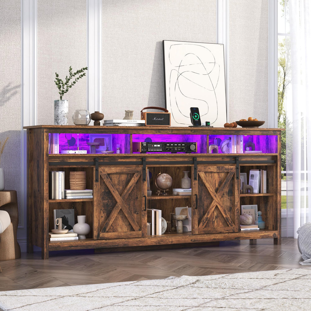 Farmhouse TV Stand for 80/75 Inch TV with Power Outlet, Entertainment Center with Storage and Sliding Barn Doors