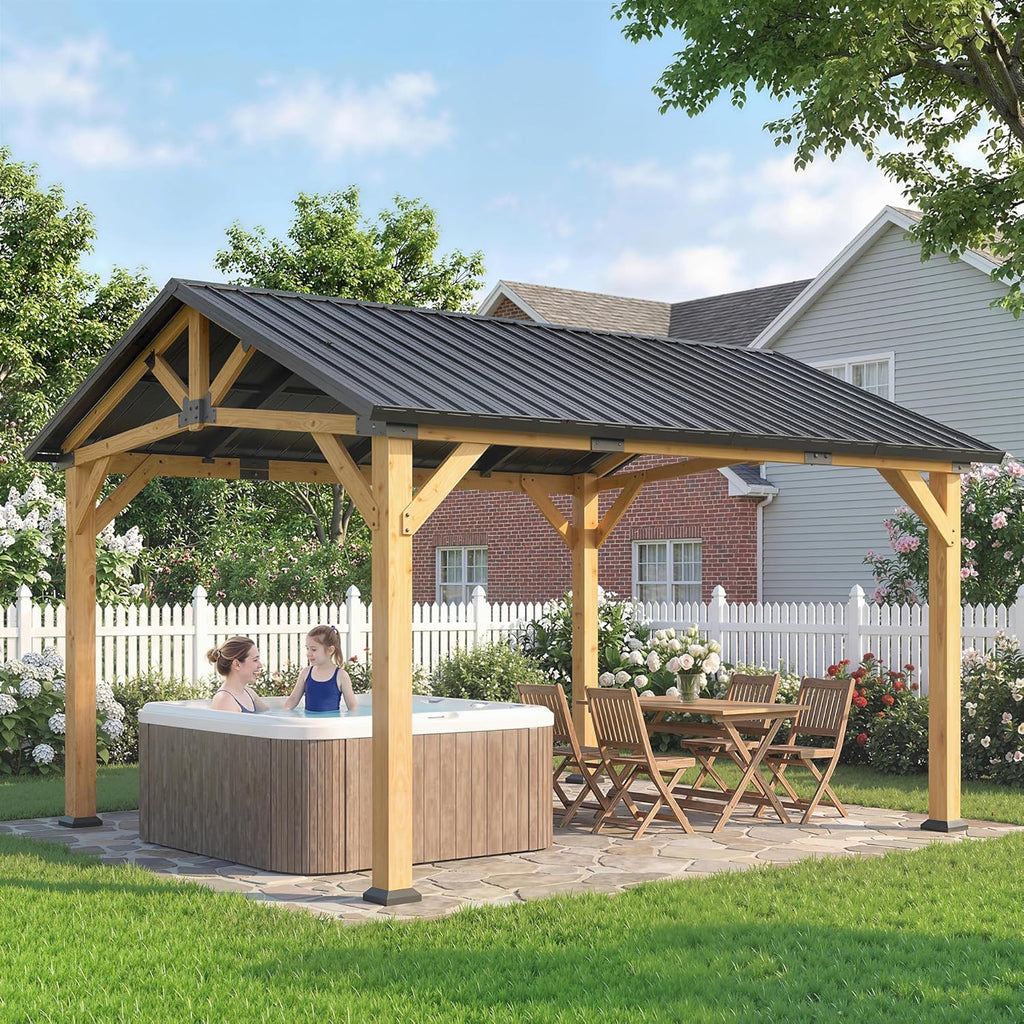 13' x 11' Hardtop Gazebo Canopy with Galvanised Metal Roof, Fir Wood Frame
