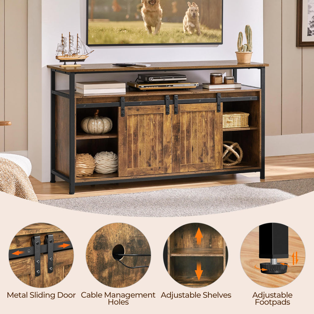 Tall Farmhouse TV Stand for 65 Inch TV, Barn Doors, Rustic Brown