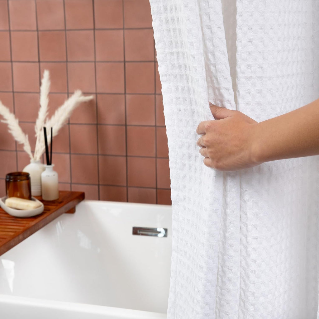 White Waffle Weave Shower Curtain, Heavyweight 100% Cotton Fabric, Luxury Hotel Spa Quality, 72 x 72