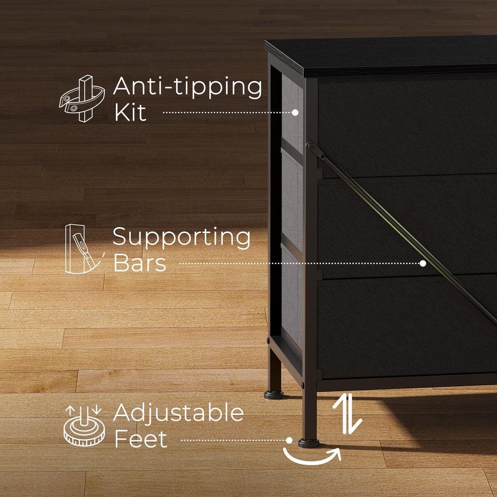 70 Inch Black Dresser, TV Stand for 65, 75, 80 Inch TV, 12 Fabric Drawer Long Dresser, Wide Chest of Drawer, Storage