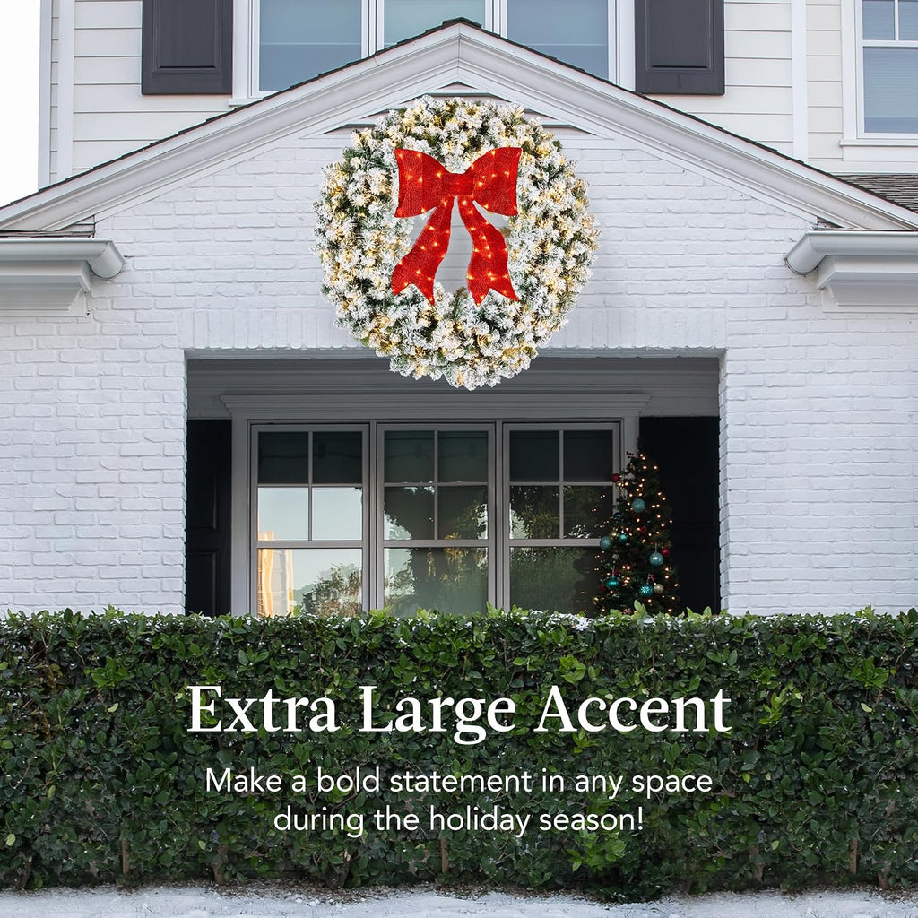 48in Large Flocked Artificial Pre-Lit Fir Christmas Wreath Holiday Accent Decoration for Door, Mantel w/Red Lighted