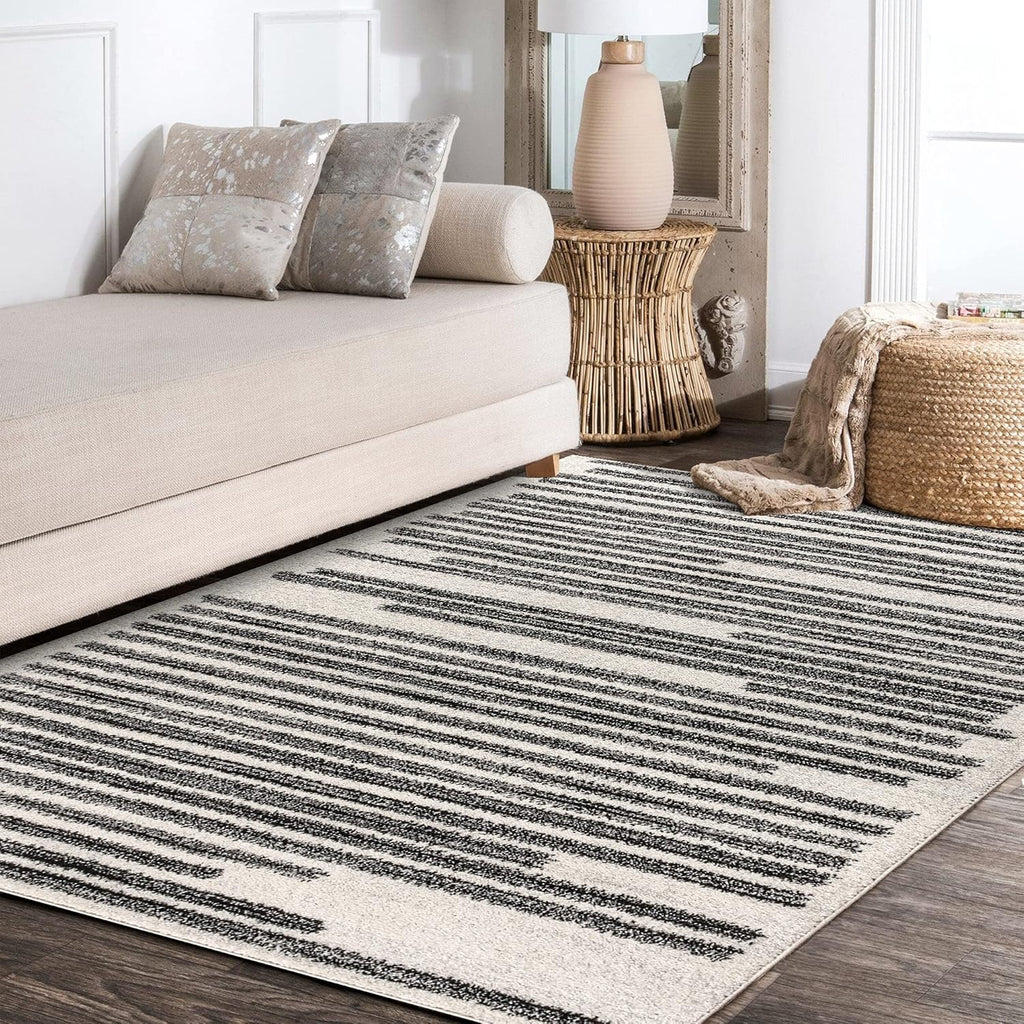 Khalil Modern Berber Stripe Cream/Black Indoor Area Rug, 8x10, Contemporary, Bohemian, Easy-Cleaning