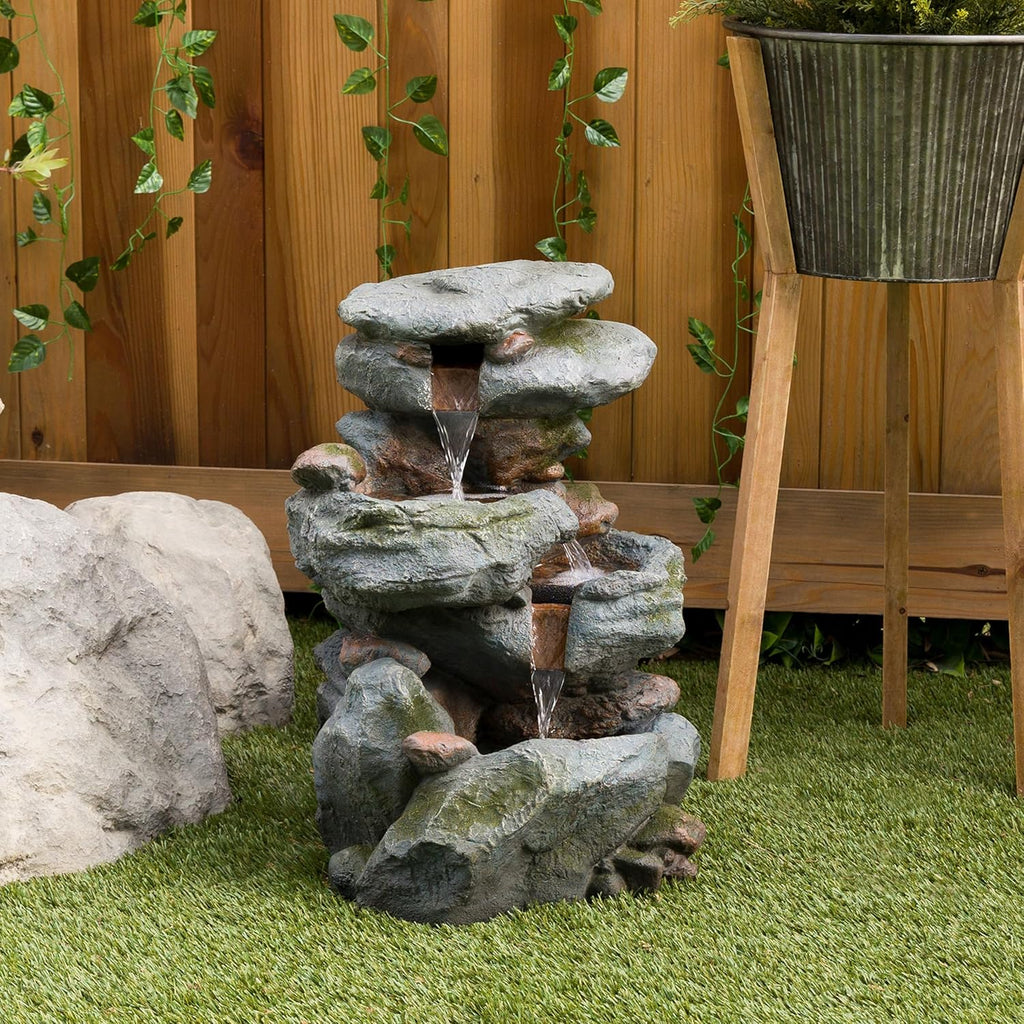 22" Tall 3-Tier Outdoor Rock Waterfall Fountain with LED Lights, Natural Stone Look Decor, Gray