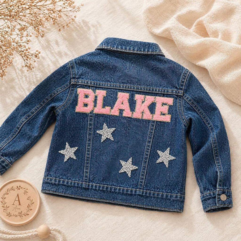 Personalized Denim Jacket for Girls with Name, Custom Toddler Kids Jean Jacket with Chenille Patches, Back to School
