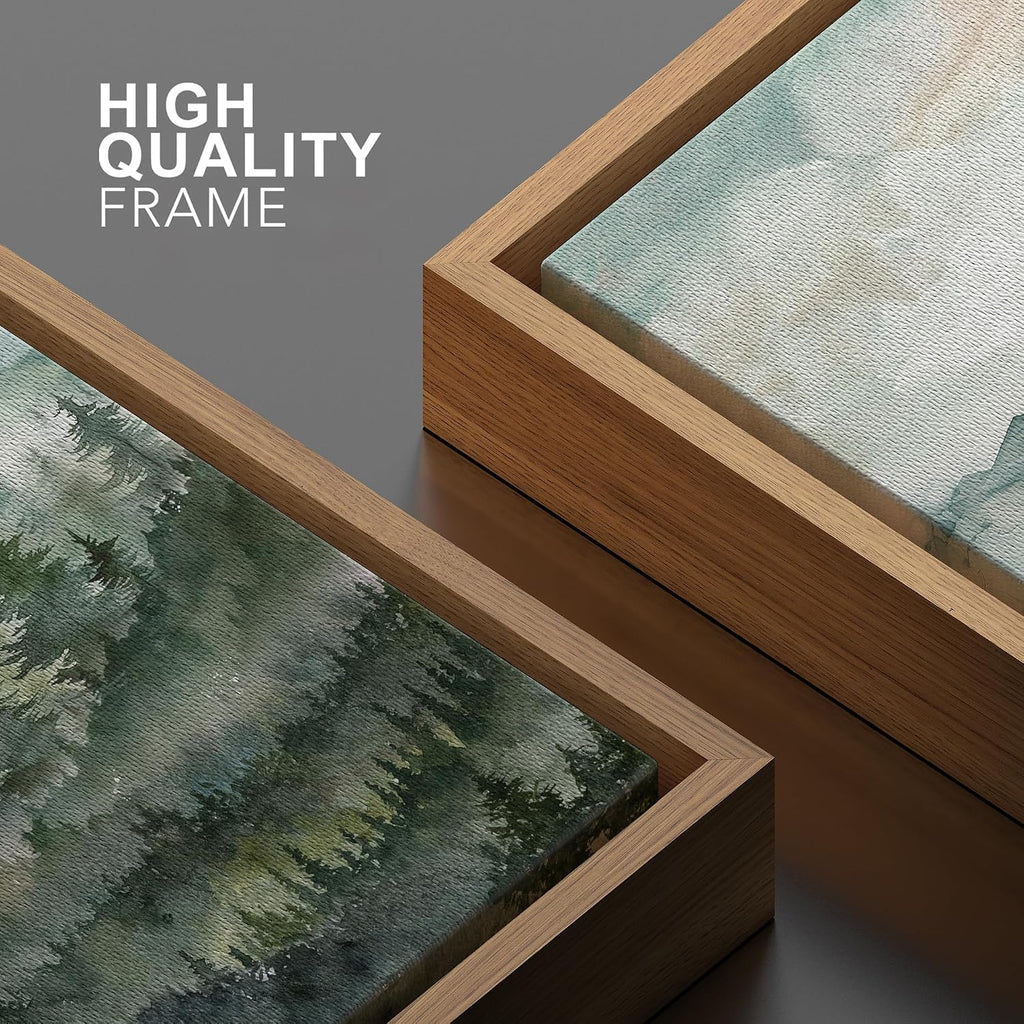 Framed Canvas Print Wall Art Woodland Nursery Decor Green Winter Mist Mountain Forest Trees Nature Modern Art