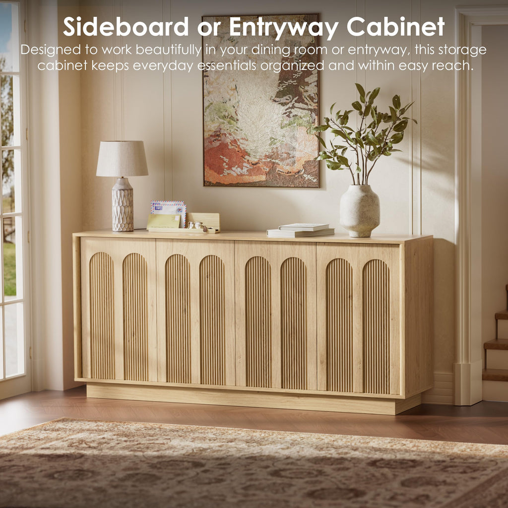 67" Sideboard Buffet Cabinet, Arched Fluted Push-to-Open Doors, Oak