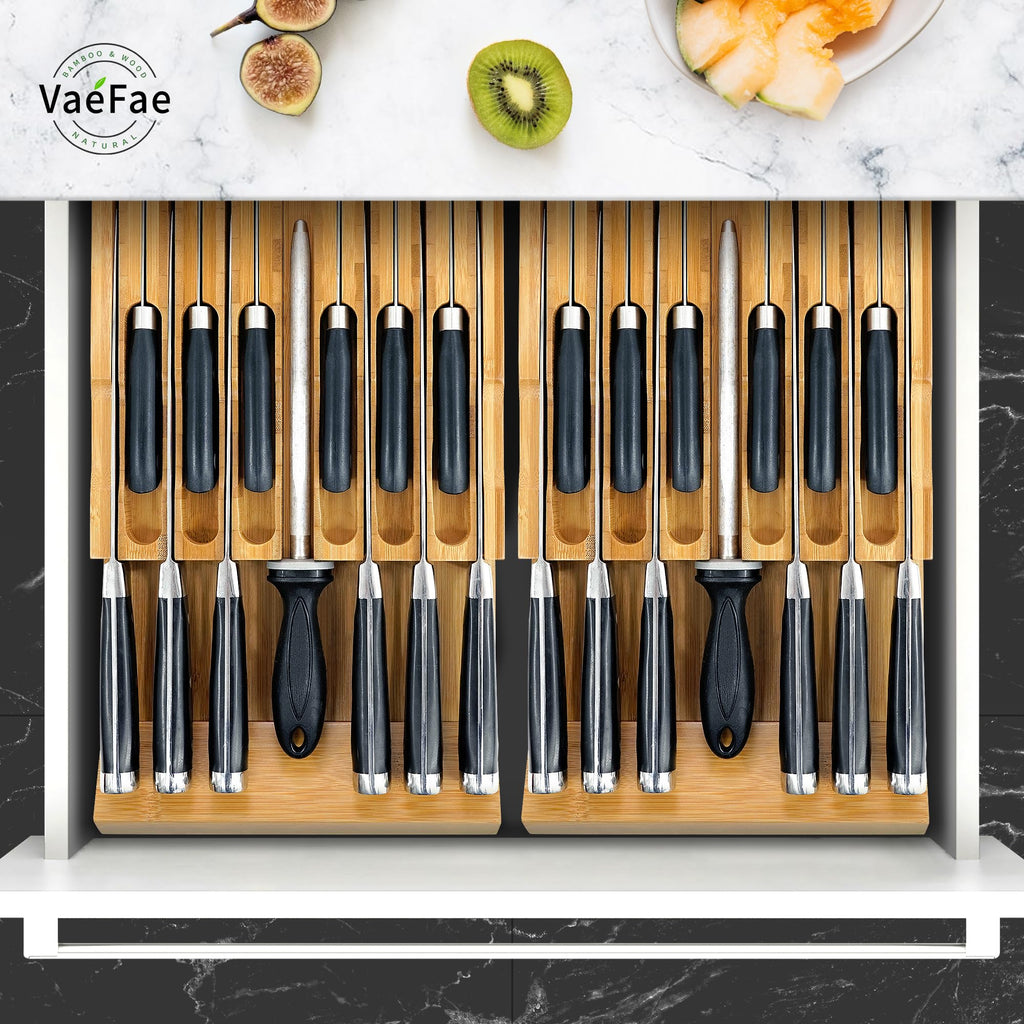 Bamboo Knife Drawer Organizer, Knife Drawer Organizer Insert, Kitchen Drawer Knife Block for 12 Knives and a PLUS