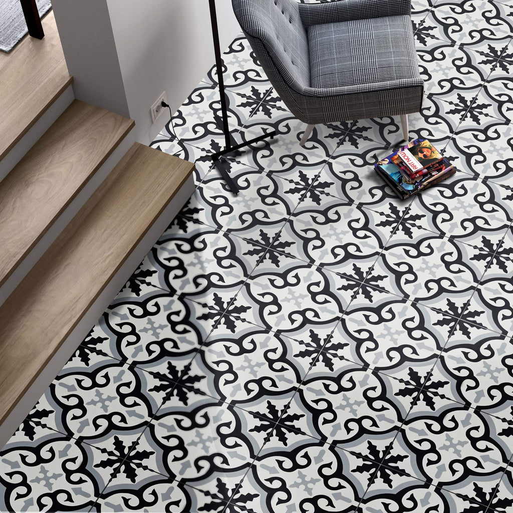 Argana Handmade Cement Tile in Black, Grey, White, 8"x8