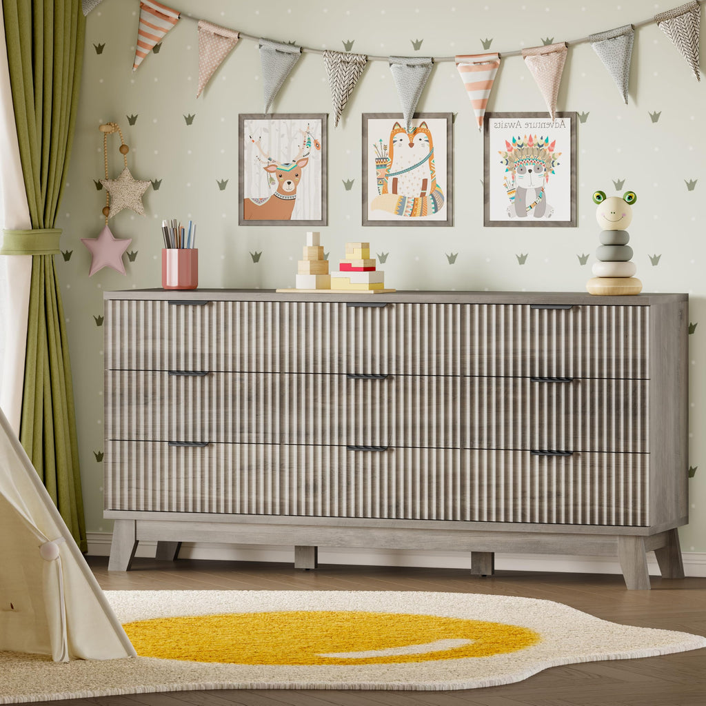 63" Long Dresser, 9-Drawer Fluted Dresser, Extra-Wide Wood Chest of Drawers with Smooth Metal Slides, Stable Base