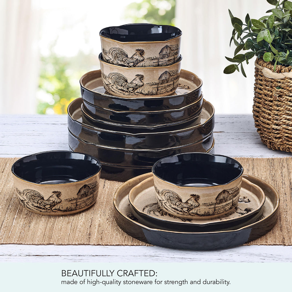 Farmyard Rooster 12 Piece Farmhouse Style Dinnerware Set, Service for 4, Plate Bowl with High Rims, Rustic Design