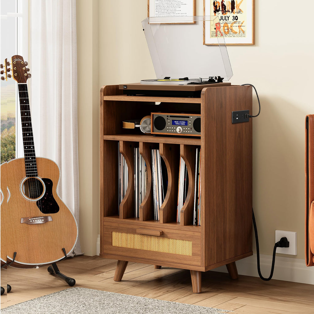 Record Player Stand with Power Outlets, Vinyl Storage Cabinet, Brown