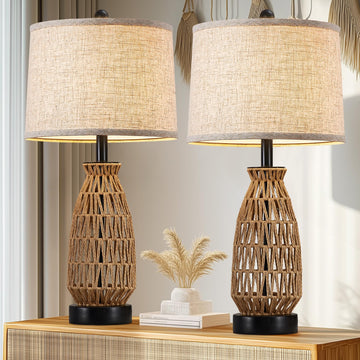Boho Table Lamp Set of 2, 27" Handwoven Rattan Lamps with Fabric Shade, Bohemian Farmhouse Bedside Lamp Modern Wicker