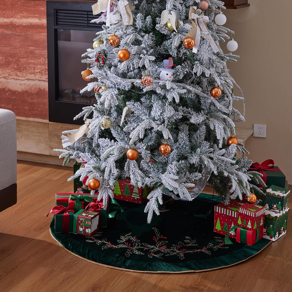 X.Sem Holly Leaf Embroidered Velvet Christmas Tree Skirt with Pleat Velvet Border 50'' (Dark Green, 50 inch)