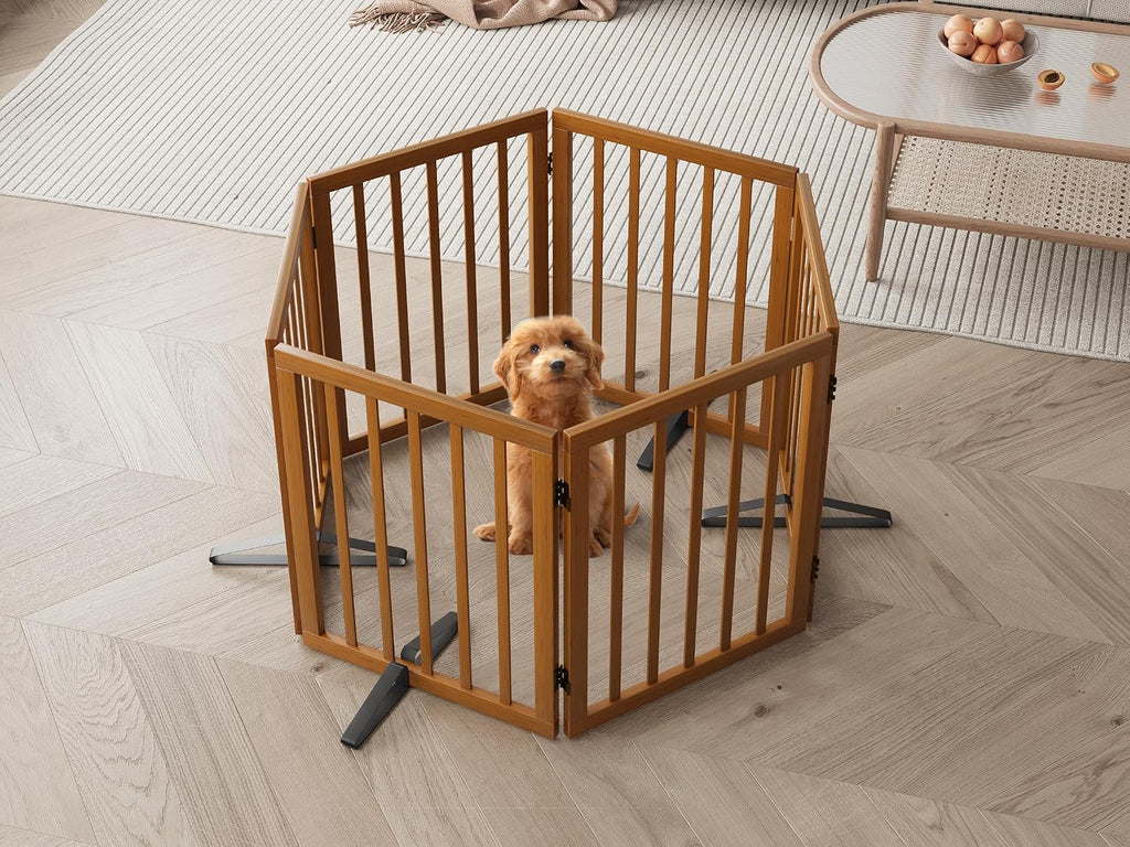 Walnut Dog Gates for Doorways, 6-Panel Freestanding Dog Gate Indoor for the House Stairs, 24" H Foldable Wooden Pet
