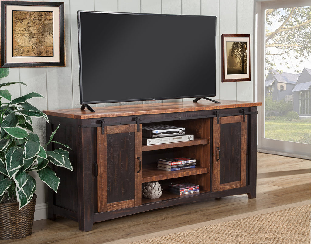 Rustic 65" Wood Entertainment Center, Black and Honey