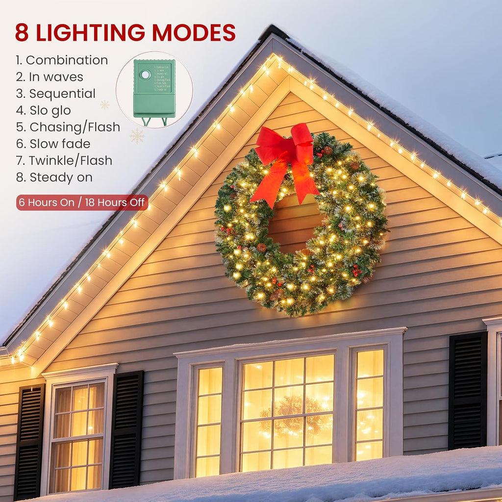 36in Pre-Lit Christmas Wreath Frosted 150 LED Lights, Green